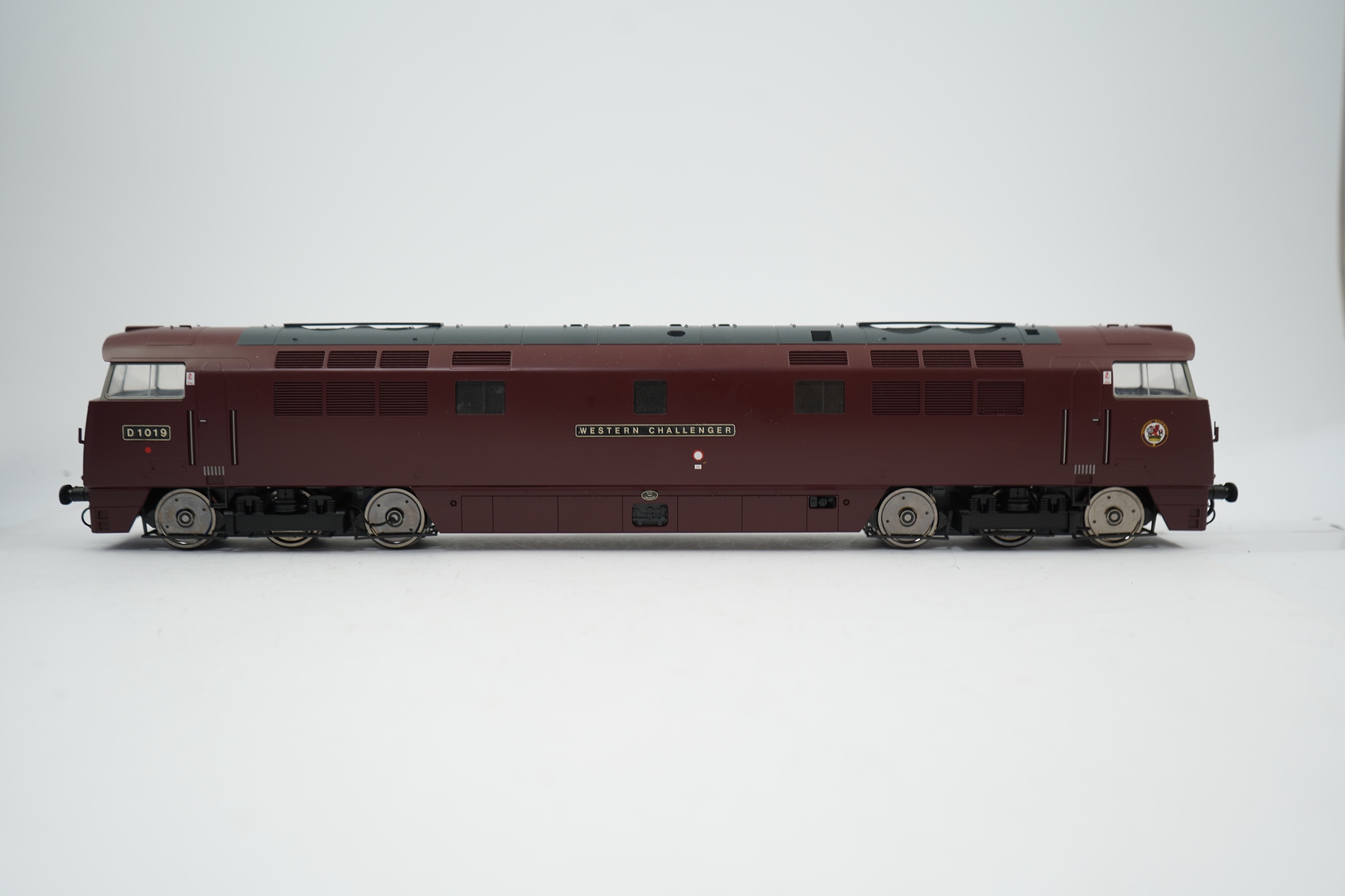 An 0 Gauge Heljan model Class 52 Western Challenger D1019 Co-Co diesel hydraulic locomotive, powered for two rail operation, with original box.